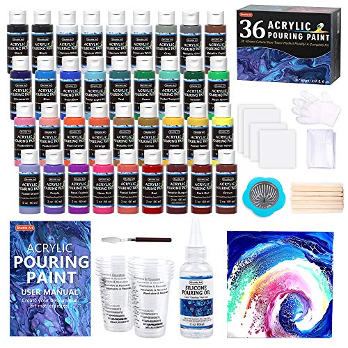 Pintura acrílica, juego de 36 botellas (2 oz) premezcladas de alto flujo de pintura acrílica con lienzo, aceite de silicona, tazas medidoras, manteles, kit completo de verter pintura