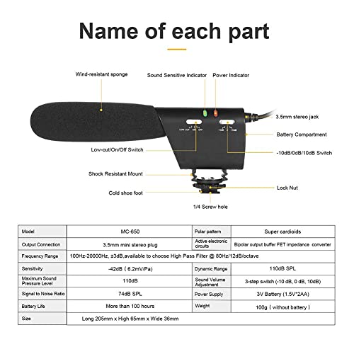 PIXEL Condensador Fotografía Entrevista Micrófono de grabación MC-650 Micrófono Direccional para Canon Nikon Camera DSLR DV
