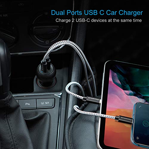 PowerLot Cargador Coche USB C, 45W PD 3.0 Doble Puerto Cargador Movil Coche Tipo-C con Cable USB C a C para MacBook Air, iPad Pro, iPhone XR/XS Max/11, Huawei P20/P30, Samsung S10/S9, LG G6 etc. Negro