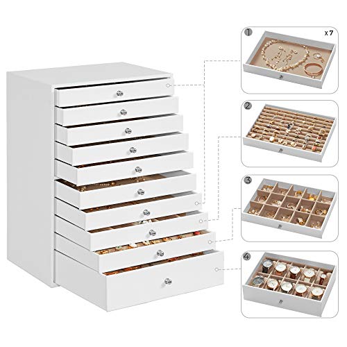 SONGMICS Caja joyero, Caja para joyas XXL, Almacenamiento de belleza 10 cajones, Organizador con bandejas, forro de terciopelo, estilo nórdico escandinavo, Blanco JBC10W