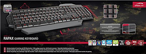 Speedlink Rapax PC Gaming Keyboard SL-6480-BK-Reino Unido, Rojo LED de retroiluminación conmutable, Ultra-Grippy Barra espaciadora, Teclas de Juego marcadas, Negro