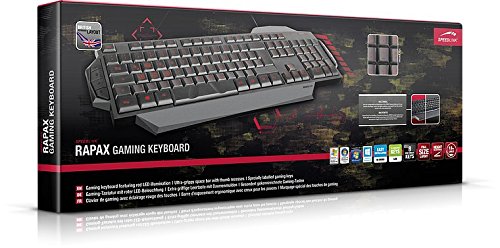 Speedlink Rapax PC Gaming Keyboard SL-6480-BK-Reino Unido, Rojo LED de retroiluminación conmutable, Ultra-Grippy Barra espaciadora, Teclas de Juego marcadas, Negro