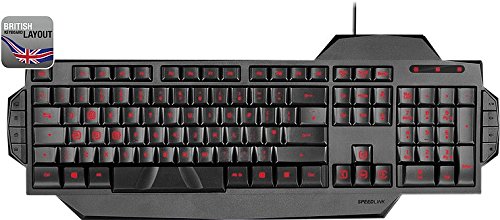 Speedlink Rapax PC Gaming Keyboard SL-6480-BK-Reino Unido, Rojo LED de retroiluminación conmutable, Ultra-Grippy Barra espaciadora, Teclas de Juego marcadas, Negro