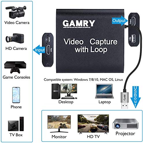 Tarjeta de Captura de Vídeo HDMI con Loop Out, 4K HD 1080P USB 2.0 para Transmisión en Vivo de Transmisión de Vídeo para Juegos, Transmisión, Enseñanza, Videoconferencia