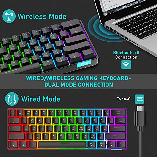 Teclado RGB para Juegos con Cable, Teclado Recargable con Cable Tipo C, Teclado mecánico de 61 Teclas programable con retroiluminación arcoíris, Bluetooth 5.0 inalámbrico (Interruptor Negro/marrón)