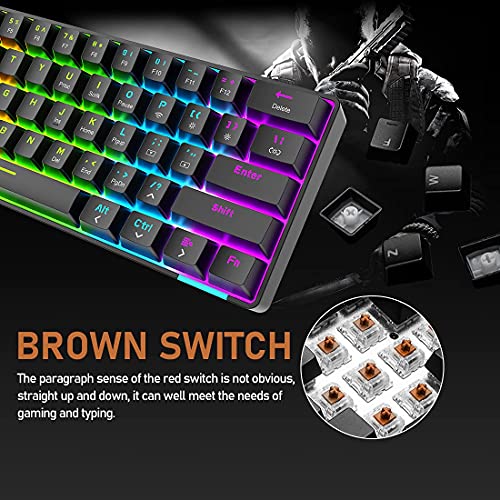 Teclado RGB para Juegos con Cable, Teclado Recargable con Cable Tipo C, Teclado mecánico de 61 Teclas programable con retroiluminación arcoíris, Bluetooth 5.0 inalámbrico (Interruptor Negro/marrón)