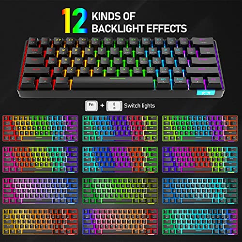 Teclado RGB para Juegos con Cable, Teclado Recargable con Cable Tipo C, Teclado mecánico de 61 Teclas programable con retroiluminación arcoíris, Bluetooth 5.0 inalámbrico (Interruptor Negro/marrón)