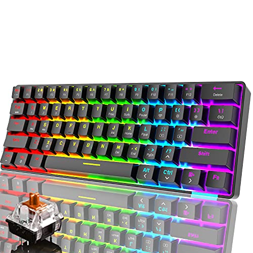 Teclado RGB para Juegos con Cable, Teclado Recargable con Cable Tipo C, Teclado mecánico de 61 Teclas programable con retroiluminación arcoíris, Bluetooth 5.0 inalámbrico (Interruptor Negro/marrón)