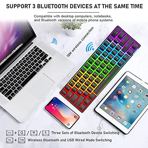 Teclado RGB para Juegos con Cable, Teclado Recargable con Cable Tipo C, Teclado mecánico de 61 Teclas programable con retroiluminación arcoíris, Bluetooth 5.0 inalámbrico (Interruptor Negro/marrón)