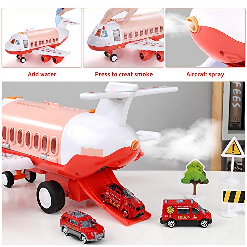 TEMI Avión de transporte con 6 mini camiones de lucha contra incendios fundido y tapete de juego para niños de 3 a 6 años de edad, avión de juguete educativo temprano con niebla Spay, música y luz.