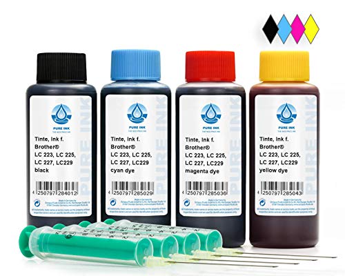 Tinta de impresora Pure Ink de 4x 100 ml compatible con cartuchos de impresora Brother LC-223, LC-225, LC-227, LC-229, DCP-J 4120 DW, MFC-J 4420 DW, J 4425 DW, 5320 DW, J 5600, entre otros (No OEM)