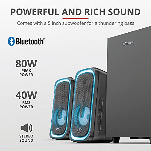 Trust Gaming Juego de Altavoces PC 2.1 con Subwoofer GXT 635 Rumax - Altavoz RGB Bluetooth Potente, Mando a Distancia Incluido, 80 W, per PC, Ordenador Portátil, PS4, PS5