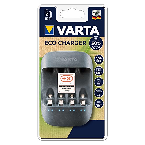 Varta Eco Charger (apto para 4 pilas AA/AAA, carcasa hecha de 50% de bioplástico con una sola ranura y carga de mantenimiento, embalaje de 90% de material reciclado