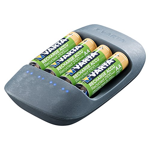 Varta Eco Charger (apto para 4 pilas AA/AAA, carcasa hecha de 50% de bioplástico con una sola ranura y carga de mantenimiento, embalaje de 90% de material reciclado