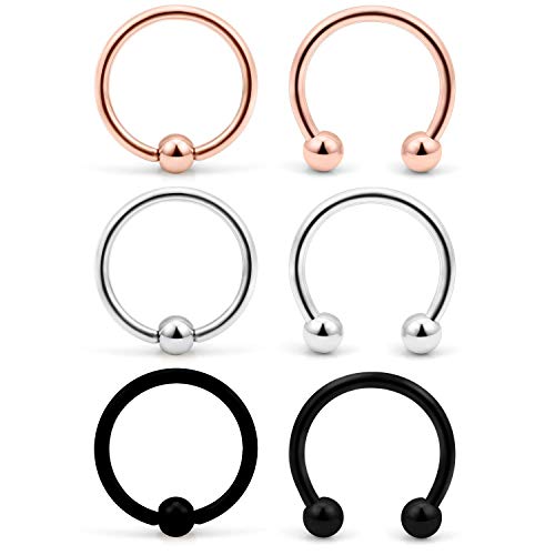 VFUN 6 Piezas 16G 316L Acero Inoxidable Piercing Nariz Anillo Aros Cartilago Septum Labio Helix Tragus Ceja Piercing Oreja Piercing 8mm - Mix Color