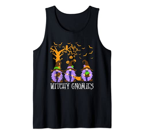 Witchy Gnomies Halloween Party Gnomo bruja gnomo mago Camiseta sin Mangas