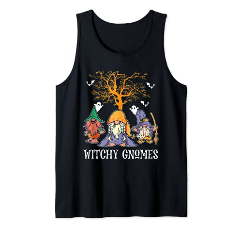 Witchy Gnomies Halloween Party Gnomo bruja gnomo mago Camiseta sin Mangas