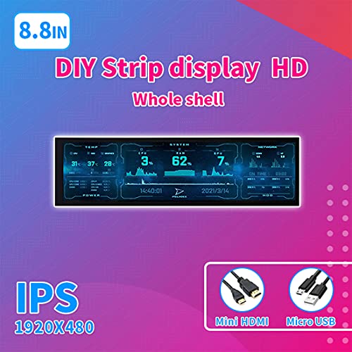 Xshion Monitor de temperatura de la CPU de 8,8 pulgadas, resolución 1920 x 480, AIDA64, pantalla dinámica para carcasa de ordenador, subpantalla