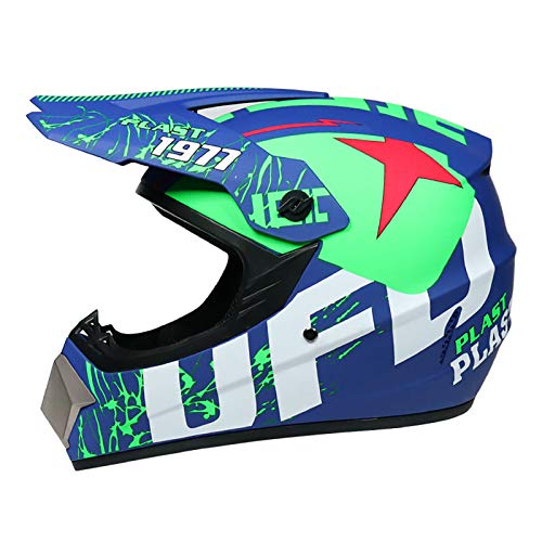 YATT Casco De Motocross, Regalar Gafas + Guantes + Juego De Máscaras Forro Interior Lavable Extraíble ala Extraíble Ligero Mate Azul Patrón Alienígena Casco Integral para Adultos