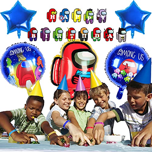 Yisscen Decoración de Cumpleaños,Globos para Fiesta de Cumpleaños Among Tema Us,Conjunto de Globos de niños,Contiene Globo de Aluminio,Multicolor Pulsera de Silicona,Banner de cumpleaños,Cinta