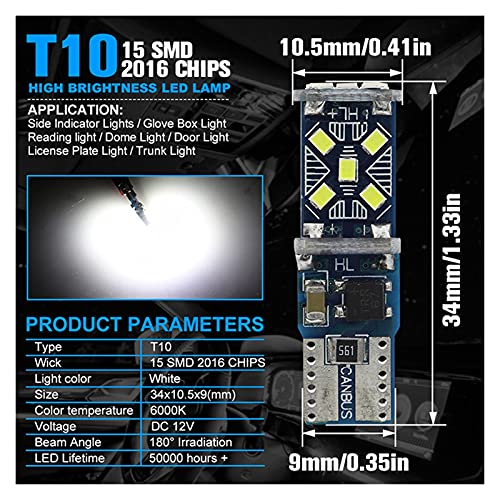 YZLP Lámpara 2 unids T10 W5W Super Brillante LED Light LIRSE AUTOMÁTICO Doom Doom BULLB VEHÍCULO Wedge GURN GURNO Interior Aparcamiento DRL Lámpara Blanco 12V (Emitting Color : Crystal Blue)