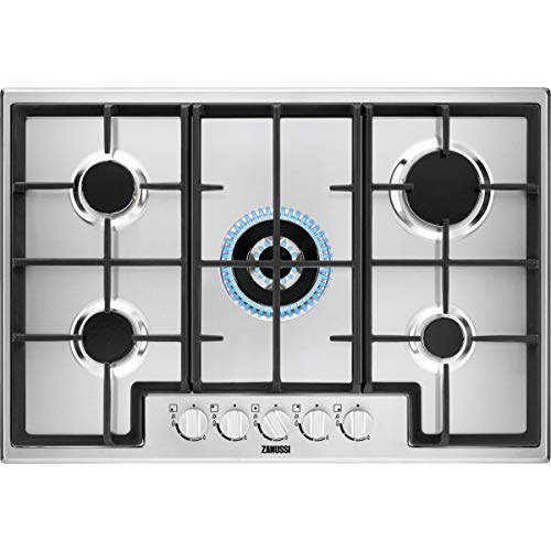 Zanussi ZGH76524XS Placa de gas, 5 fuegos, Mandos frontales, Quemador Wok, Calor Instantaneo, Entendido electrónico, Parrillas hierro fundido, Termopar de Seguridad, Antihuella, Inox, 75 cm