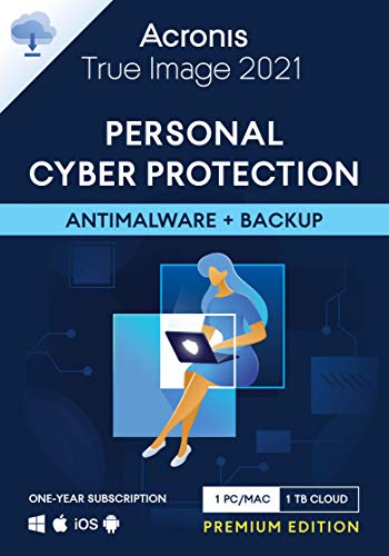 Acronis True Image 2021-Ciberprotección personal-Copia de seguridad y antivirus integrados-1 TB-1 PC/Mac-Android/iOS-1 año-Premium Edition-1 User-12 Meses-PC/Mac-Código activación enviado por email