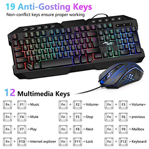 BAKTH Packs de Teclado y Ratón para Juegos, Color del Arcoiris Retroiluminada USB LED del Gaming Teclado y 3600DPI Ratón con Cable para Gamers PC o Trabajo