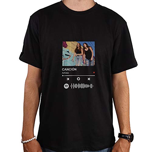 Camiseta Hombre con Diseño Personalizable Spotify · Camisetas Personalizadas con Foto, Pon tu Canción y Artista Favorito sorprender a un Amigo · Manga Corta · Negro · M