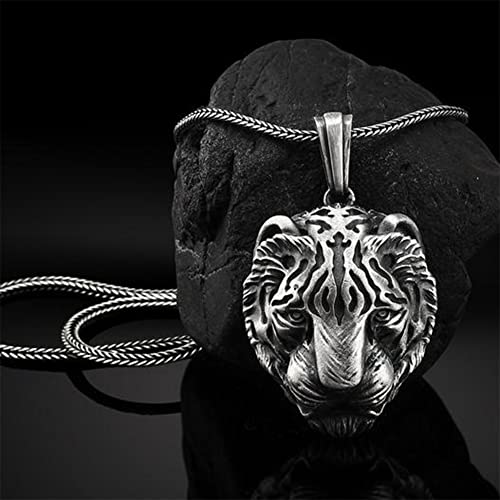 FLQWLL Collar Colgante De Cabeza De Tigre De Estaño Puro Cadena De Suéter De Acero De Titanio De 65 Cm, Personalidad De Los Hombres Dominante Retro Tiger Amulet Jewelry