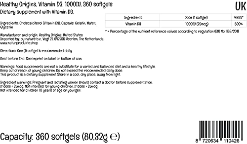 Healthy Origins, Vitamina D3, 1,000 IU, 360 Cápsulas, Probado en Laboratorio, Altamente Dosificado, Sin Soja, Sin Gluten, No GMO