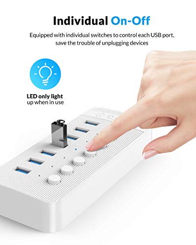 Hub USB 3.0 ORICO 7 Puertos 24W Hub USB Datos Divisor de Extensión USB con interruptores LED de Encendido/Apagado Individuales, Cable de 1 m（Blanco）