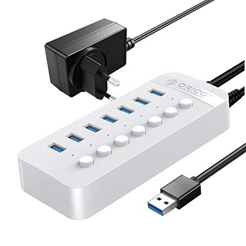 Hub USB 3.0 ORICO 7 Puertos 24W Hub USB Datos Divisor de Extensión USB con interruptores LED de Encendido/Apagado Individuales, Cable de 1 m（Blanco）