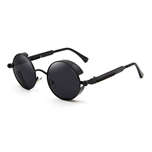 Leckirut Mujeres Hombres Gafas de sol redondas Retro Vintage Steampunk Estilo Espejo Reflectante Círculo Lente Negro Marco y Lente Gris