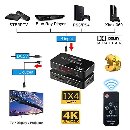 NOWBOTUCH 4x1 Divisor de Interruptor HDMI 4 Puertos 4Kx2K 60Hz 1080P, conmutador 3D HDMI 2.0 Selector HDMI 4 en 1 Salida con Control Remoto inalámbrico IR Compatible para PS3/PS4, Xbox 360/One, HDTV