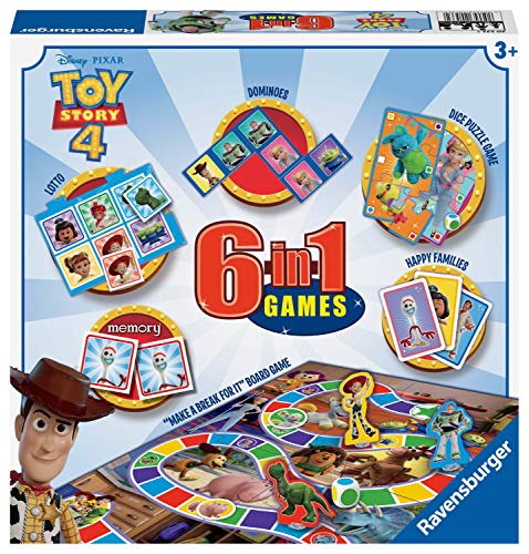 Ravensburger Disney Toy Story 4, juego 6 en 1 para niños y familias a partir de 3 años – Incluye 6 juegos clásicos: bingo, memoria, dominóes, serpientes y escaleras, damas y cartas de juego