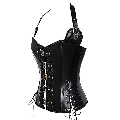 SLIMBELLE® Mujer Corsé de Cuero Negro Pirata Gótico Steampunk Bustier Medieval Burlesque Corsés de Piel Chaleco Modeladora Sexy Lencería Talla Grande Corset con G-String & Correas de Hombro