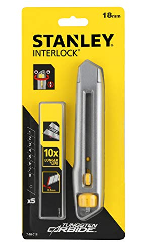 Stanley 7-10-018 "Cuchillo a presión con interbloqueo con 5 hojas de carburo, gris / amarillo, 18 mm