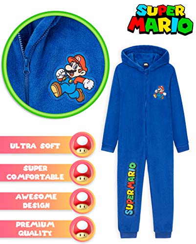 Super Mario Pijama Niño de Una Pieza, Pijama Entero con Mario Bros, Pijamas Niños de Forro Polar con Capucha, Regalos para Niños y Adolescentes 4-15 Años (Azul, 9-10 Años)