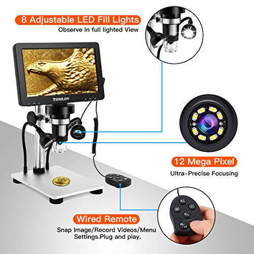 TOMLOV 7" LCD Microscopio Digital 1200X HD, 1080P Video Microscopio con Soporte de Metal, 12MP Enfoque de Ultra-Precisión, Luz de Relleno LED/Vista de PC/Windows/Mac OS Compatible (32 SD Card)