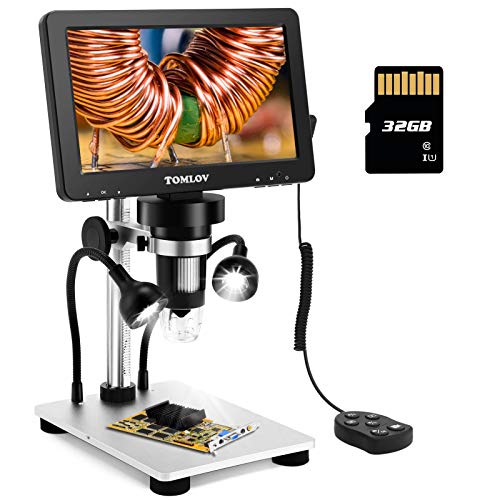 TOMLOV 7" LCD Microscopio Digital 1200X HD, 1080P Video Microscopio con Soporte de Metal, 12MP Enfoque de Ultra-Precisión, Luz de Relleno LED/Vista de PC/Windows/Mac OS Compatible (32 SD Card)