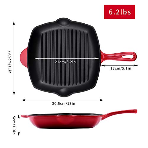 Velaze Sartén de Hierro Fundido Antiadherente con Rayas, Parrilla Pre-seasoned de Hierro Fundido Redondo Negro con Mango de Sarten para Cocina con Gas, Horno y Inducción - 28 cm