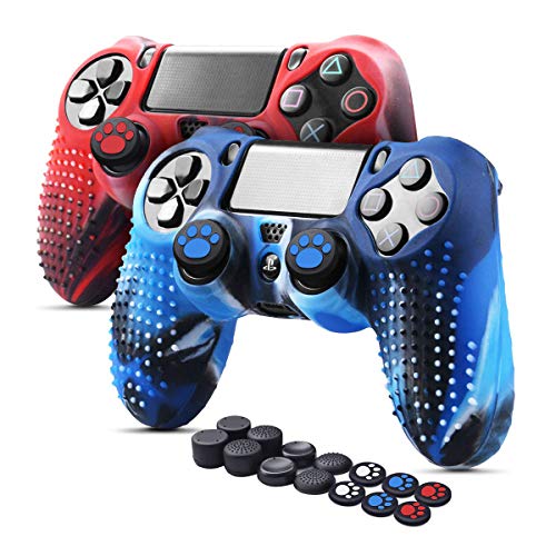 6amLifestyle Funda Protectora Antideslizante de Silicona para Mando PS4, Carcasa para Sony PS4 / PS4 Pro / PS4 Slim Controller (Rojo + Azul 2 Fundas de Mando PS4 + 14 Thumb Grips PS4)