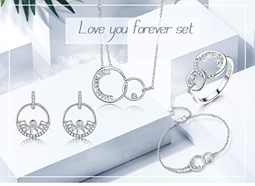 AueDsa Juegos de Joyas Plata Pendientes Collar Y Pulseras Mujer Plata de Ley 925 Juegos de Joyas Círculo de Enclavamiento with Love You Circonita Blanca Talla 20