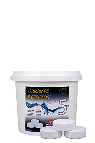 Cloro para Piscinas DIACLOR PS 5 Efectos 5 KG - 25 Pastillas de Cloro Lento (200 gr- 7,5 cm Diámetro) - Tratamiento Completo 5 Acciones