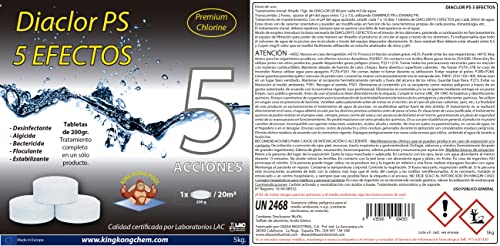 Cloro para Piscinas DIACLOR PS 5 Efectos 5 KG - 25 Pastillas de Cloro Lento (200 gr- 7,5 cm Diámetro) - Tratamiento Completo 5 Acciones