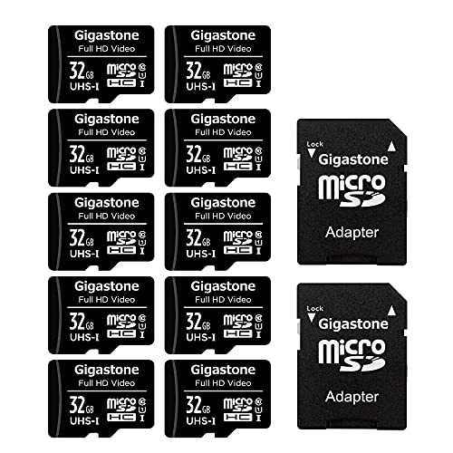 Gigastone 32GB Tarjeta de Memoria Micro SD, Paquete de 10, Video Full HD, Cámara de Vigilancia y Seguridad, Cámara de Acción, Drone, 90MB/s Micro SDHC UHS-I U1 C10 Clase 10