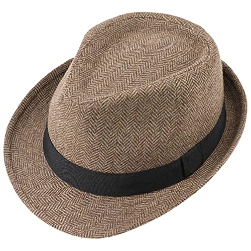 LIPODO Trilby Herrinbone Sombrero para Mujer/Hombre - Sombrero clásico de Tela con Cinta en la Copa - Trilby para Verano/Invierno - Fedora marrón-Beige L (59-60 cm)