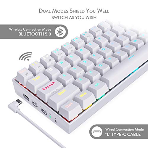 Redragon K530 Draconic 60% Teclado Gaming Mecánico Blanco - Bluetooth 5.0 - Teclado Compacto - 61 teclas TKL - Diseñado para juegos - Interruptores Marrones - 16,8 millones de iluminación RGB