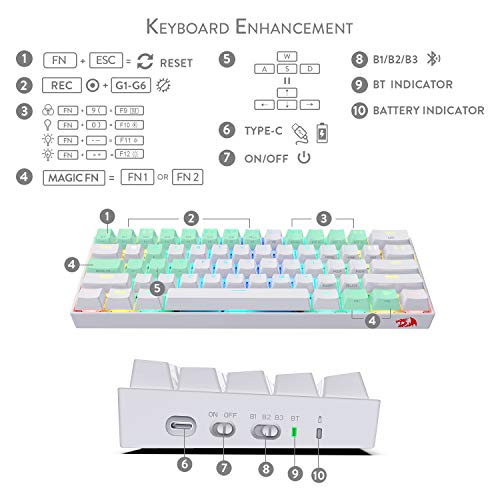 Redragon K530 Draconic 60% Teclado Gaming Mecánico Blanco - Bluetooth 5.0 - Teclado Compacto - 61 teclas TKL - Diseñado para juegos - Interruptores Marrones - 16,8 millones de iluminación RGB